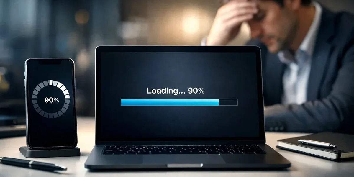 Um cronômetro digital em destaque sobre a tela de um notebook carregando um site, simbolizando a espera do usuário.