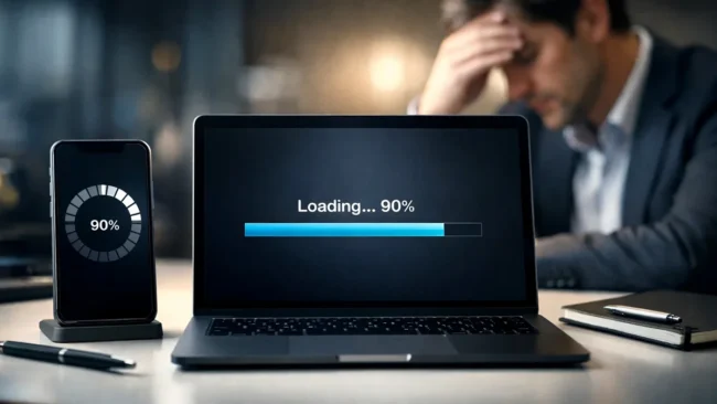 Um cronômetro digital em destaque sobre a tela de um notebook carregando um site, simbolizando a espera do usuário.