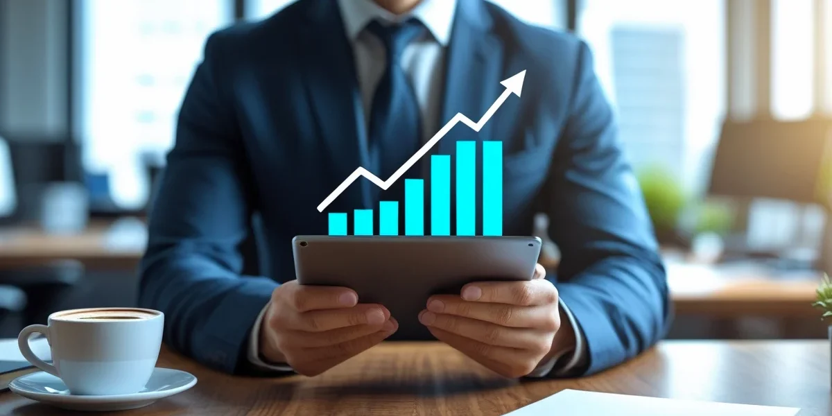 Empresário sorridente em um escritório moderno observando um tablet que mostra gráficos simples e positivos de crescimento.