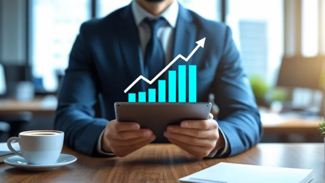 interpretacao-dados-marketing-estrategico-empresario Empresário sorridente em um escritório moderno observando um tablet que mostra gráficos simples e positivos de crescimento.