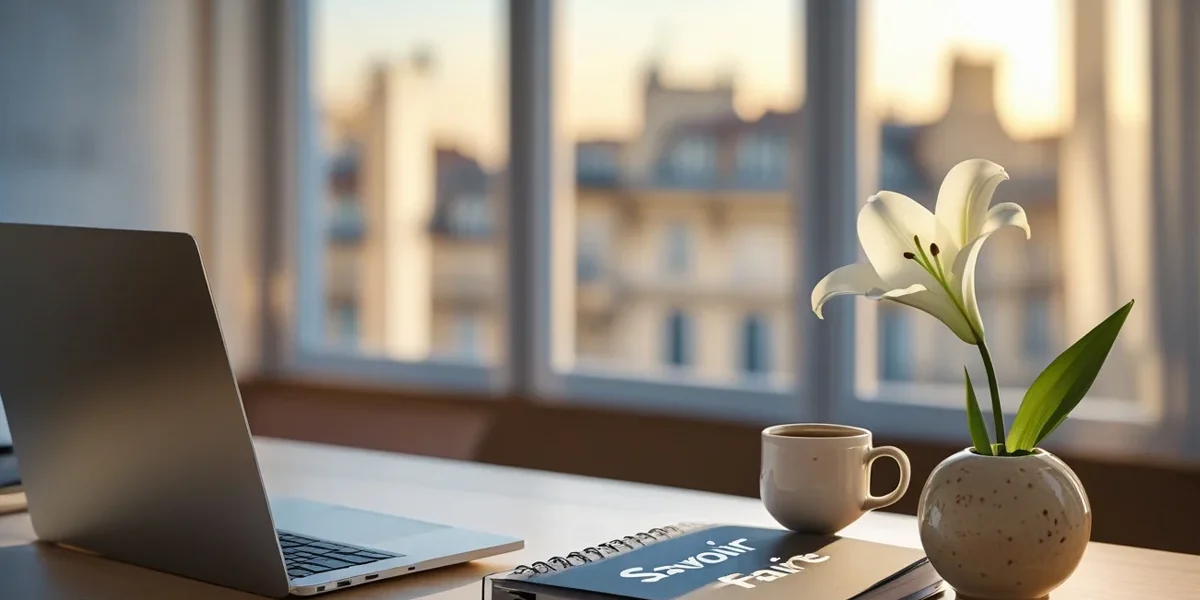 marketing-digital-estilo-frances-sofisticacao Mesa de trabalho elegante com café e laptop, simbolizando a união entre a sofisticação francesa e o marketing digital.