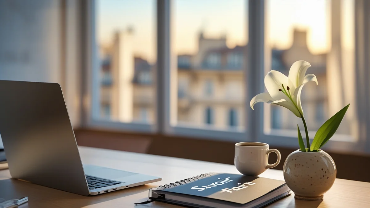 Mesa de trabalho elegante com café e laptop, simbolizando a união entre a sofisticação francesa e o marketing digital.