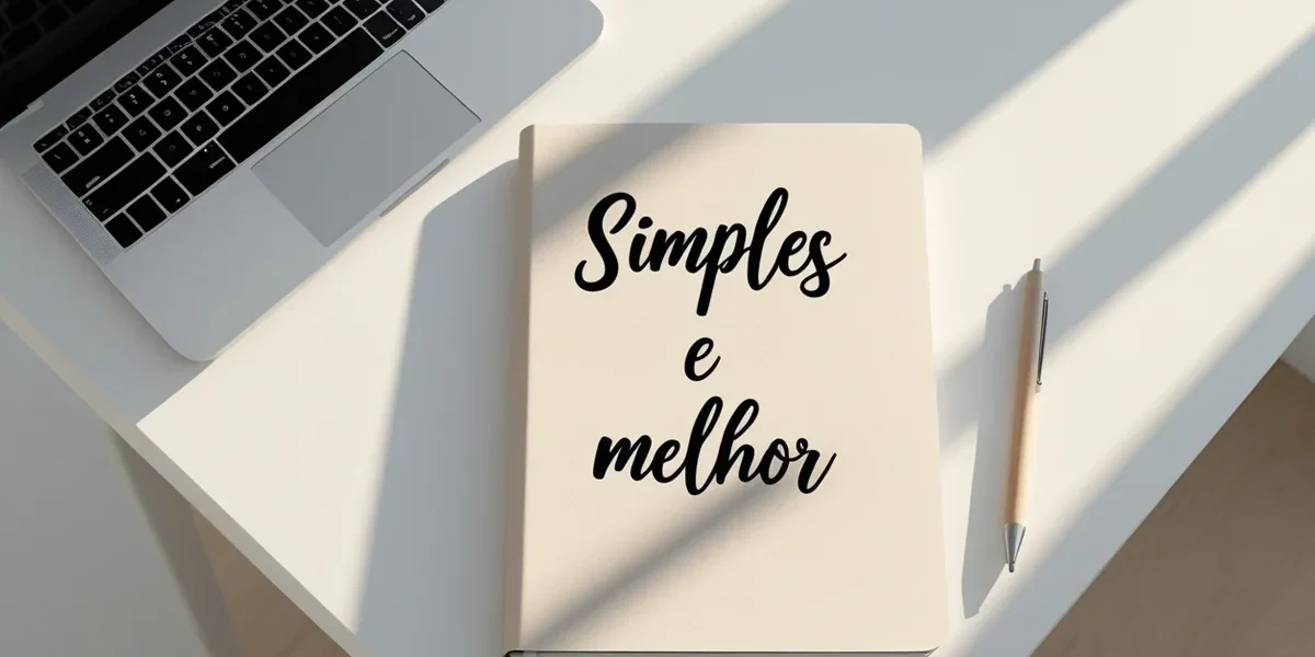 Mesa de trabalho minimalista com um notebook e um caderno escrito "Simples é melhor", representando clareza no marketing