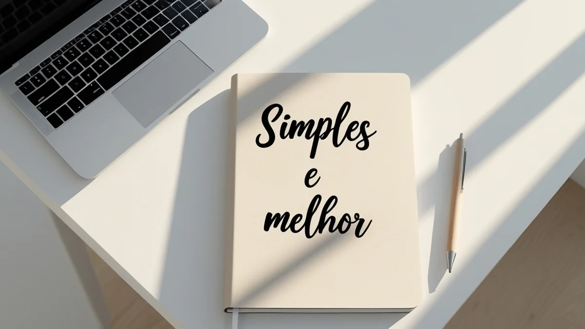 Mesa de trabalho minimalista com um notebook e um caderno escrito "Simples é melhor", representando clareza no marketing