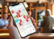 Um smartphone exibindo um mapa com pins de localização sobre um balcão de uma cafeteria aconchegante e iluminada.
