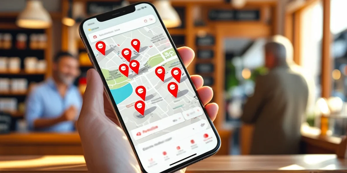 Um smartphone exibindo um mapa com pins de localização sobre um balcão de uma cafeteria aconchegante e iluminada.