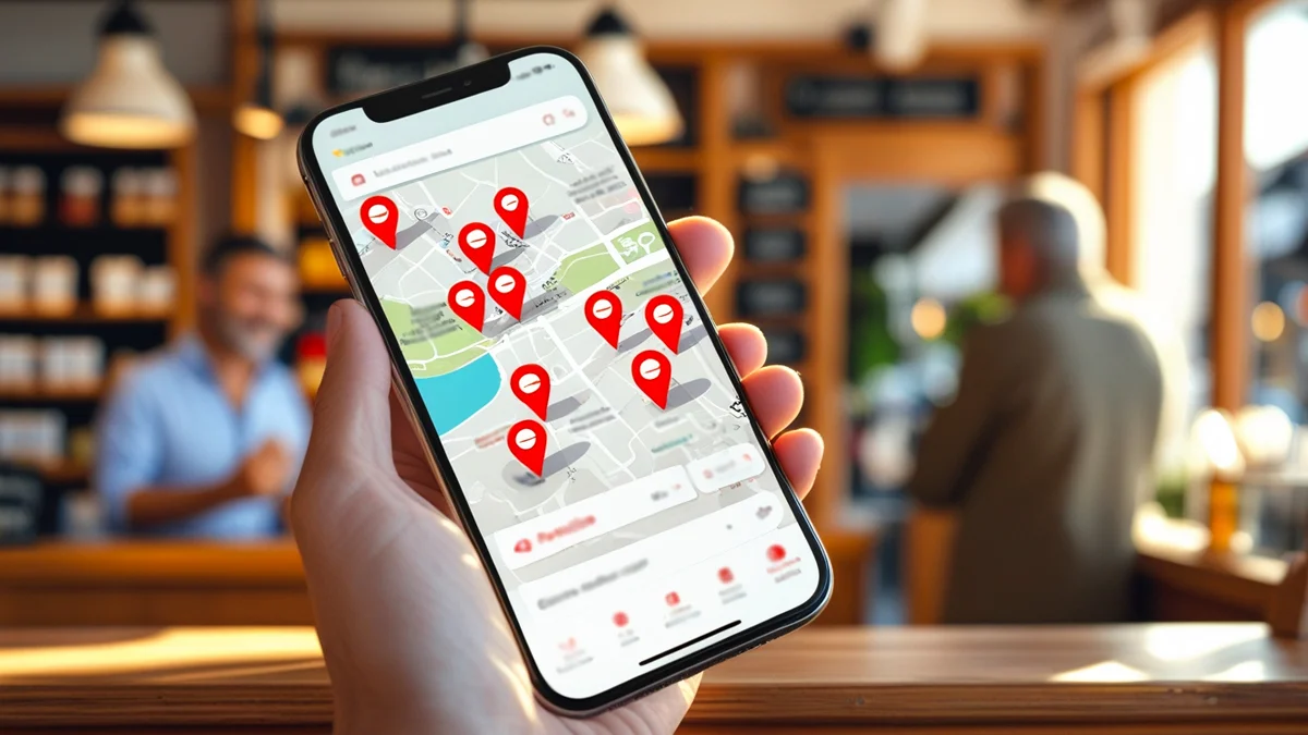 Um smartphone exibindo um mapa com pins de localização sobre um balcão de uma cafeteria aconchegante e iluminada.