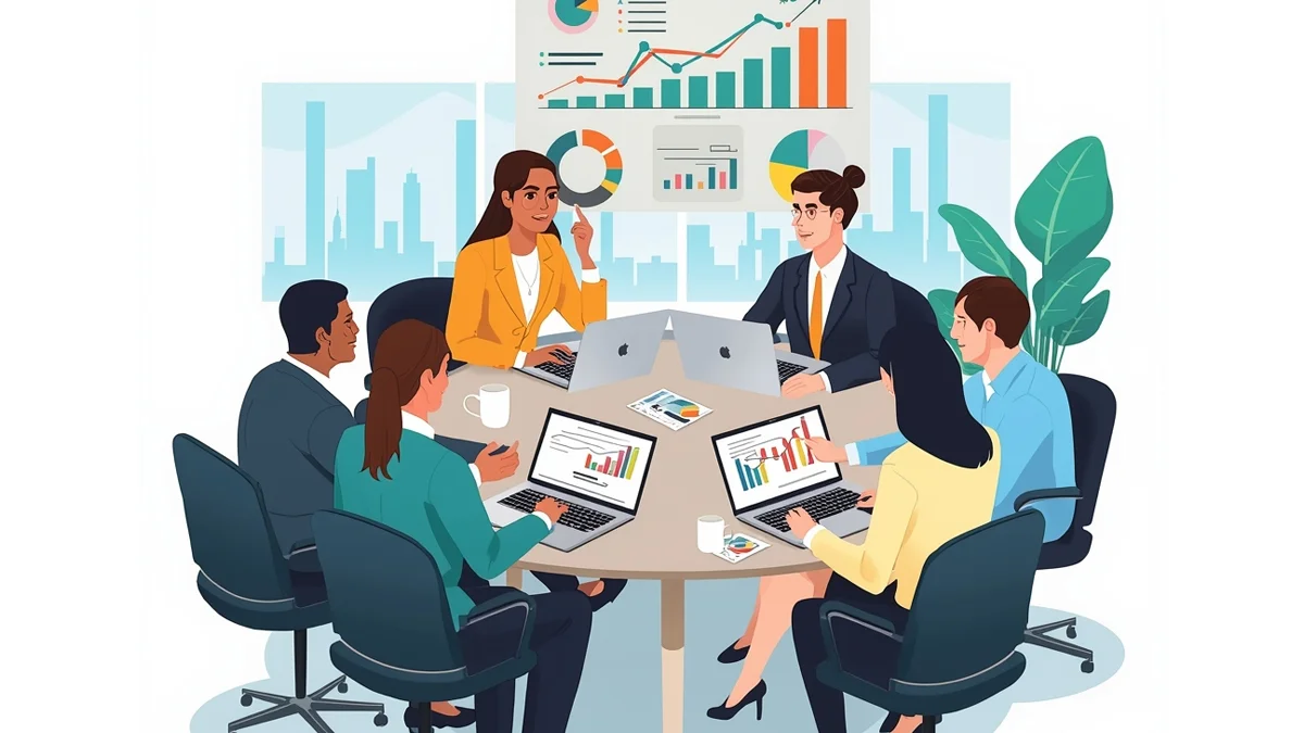 Empresários em reunião produtiva com agência de marketing digital, discutindo estratégias em sala moderna com laptops e gráficos na tela, ilustrando comunicação eficaz para pequenos negócios.