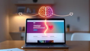 Ilustração profissional mostrando a conexão entre o cérebro humano e elementos de interface de um site moderno.