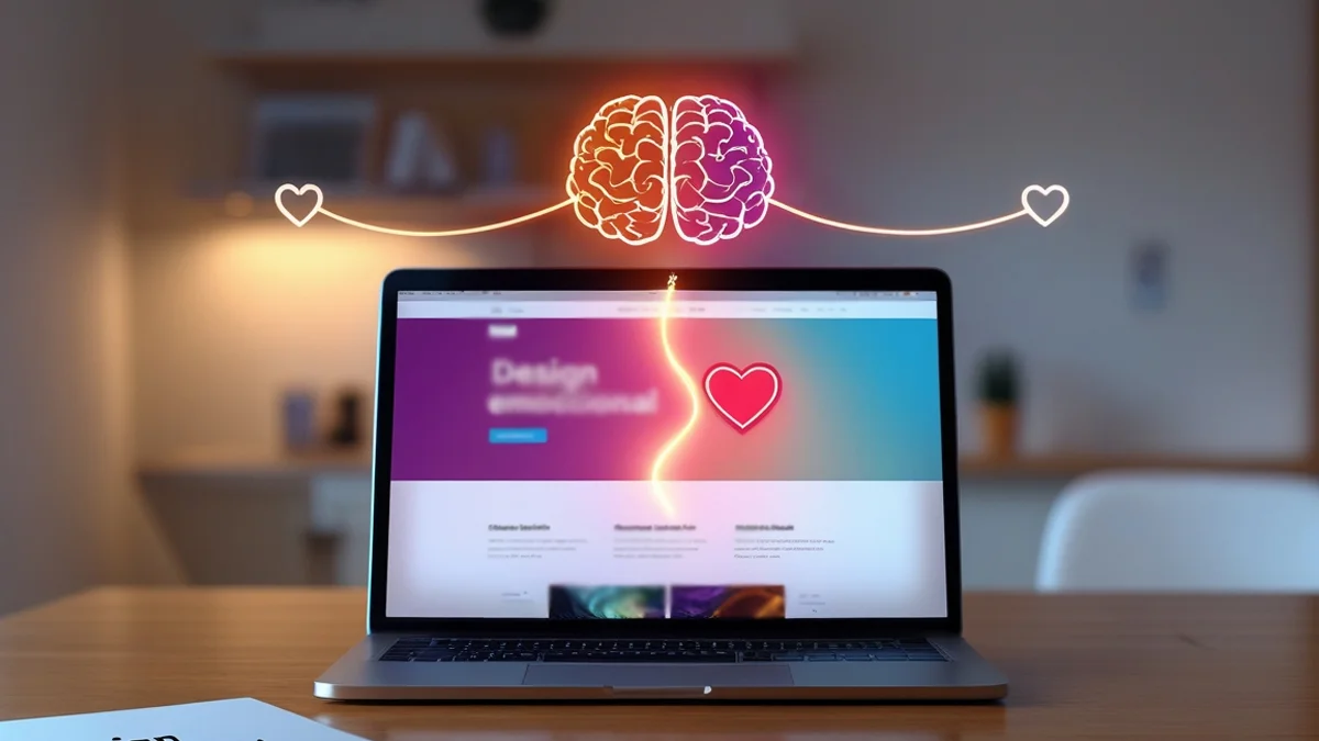 Ilustração profissional mostrando a conexão entre o cérebro humano e elementos de interface de um site moderno.