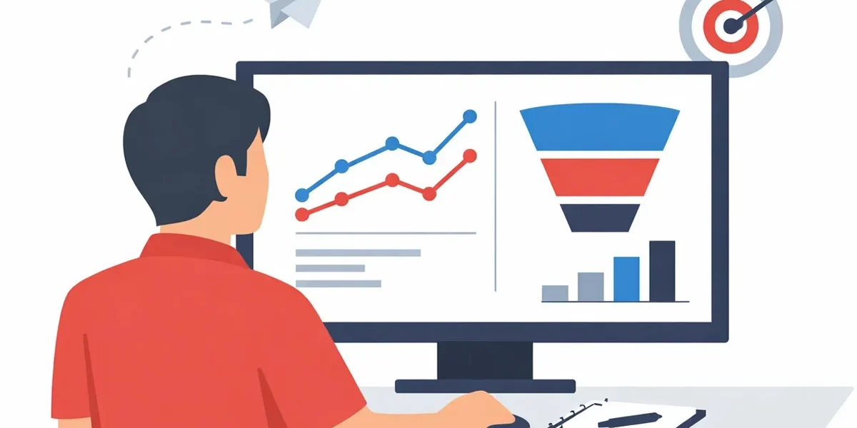 Profissional de marketing analisando gráficos de tráfego e conversão em um monitor, demonstrando estratégia digital.