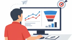 Profissional de marketing analisando gráficos de tráfego e conversão em um monitor, demonstrando estratégia digital.