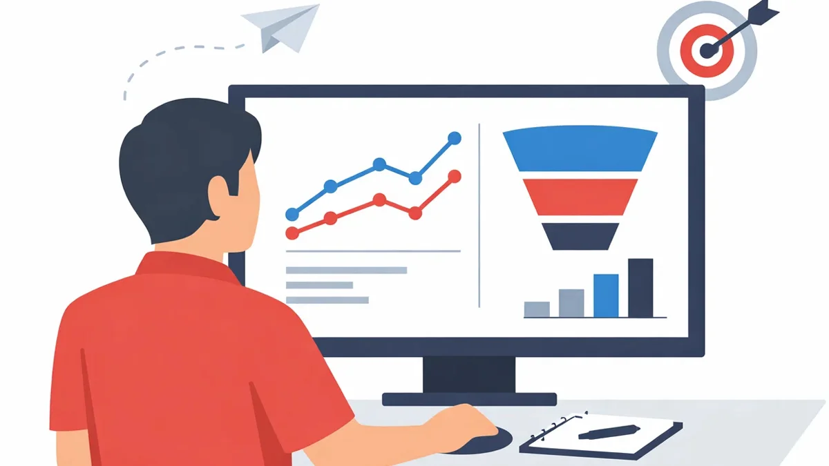 Profissional de marketing analisando gráficos de tráfego e conversão em um monitor, demonstrando estratégia digital.