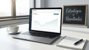 Profissional de marketing analisando gráfico de desempenho digital em um notebook, com foco em métricas de crescimento.