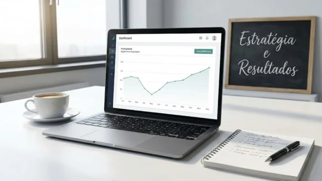 analise-queda-performance-site-google Profissional de marketing analisando gráfico de desempenho digital em um notebook, com foco em métricas de crescimento.
