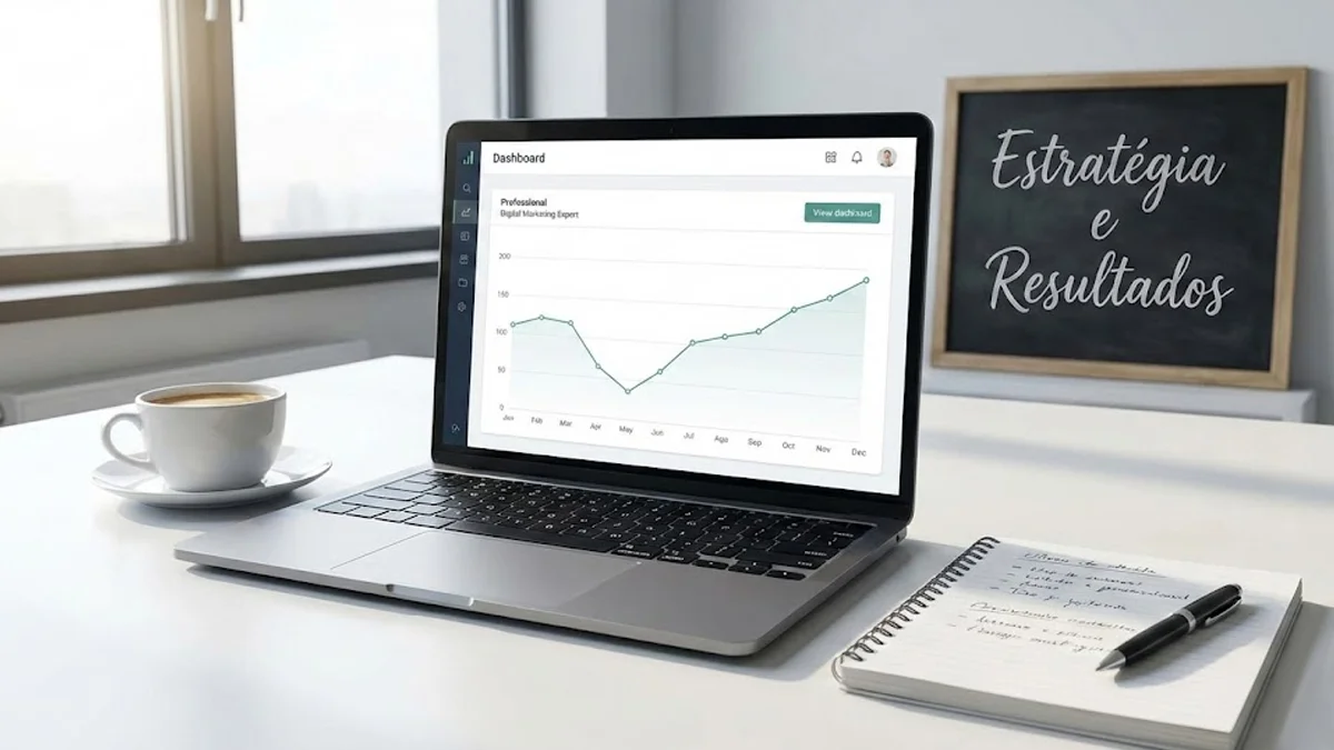 analise-queda-performance-site-google Profissional de marketing analisando gráfico de desempenho digital em um notebook, com foco em métricas de crescimento.