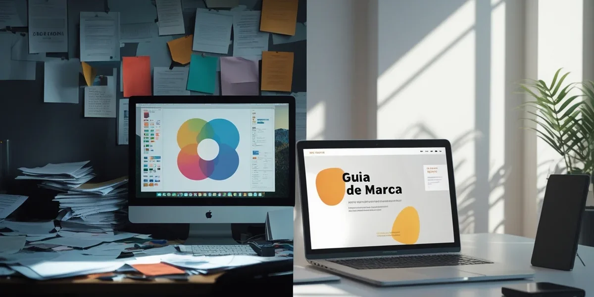 Comparativo de elementos de branding: de um lado um design confuso e do outro uma identidade visual limpa e profissional.