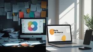 Comparativo de elementos de branding: de um lado um design confuso e do outro uma identidade visual limpa e profissional.