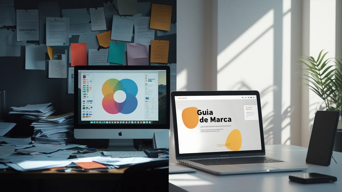 Comparativo de elementos de branding: de um lado um design confuso e do outro uma identidade visual limpa e profissional.
