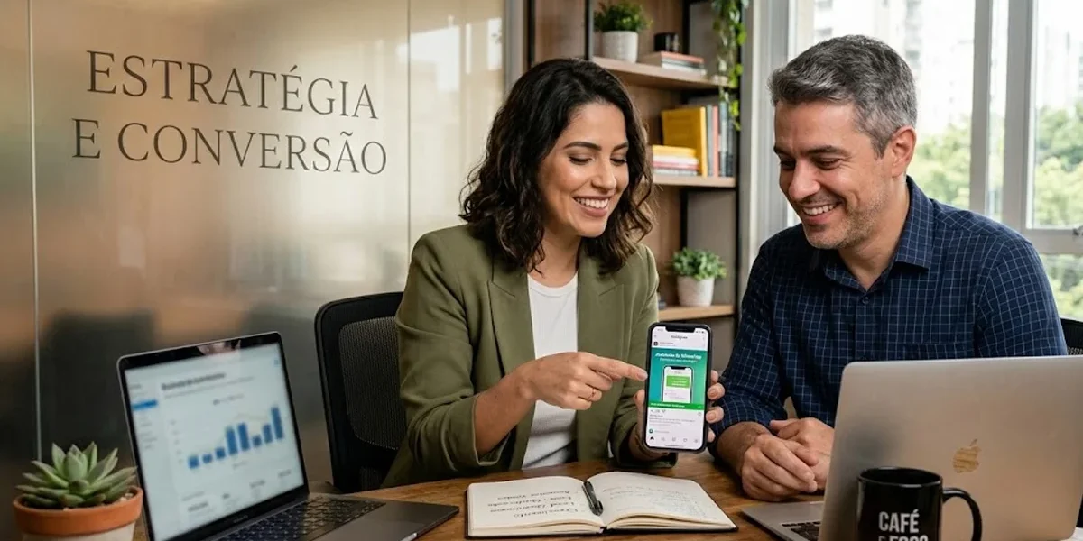 Consultora de marketing sorridente explicando estratégia de vendas no celular para um cliente em um escritório moderno.