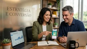 Consultora de marketing sorridente explicando estratégia de vendas no celular para um cliente em um escritório moderno.