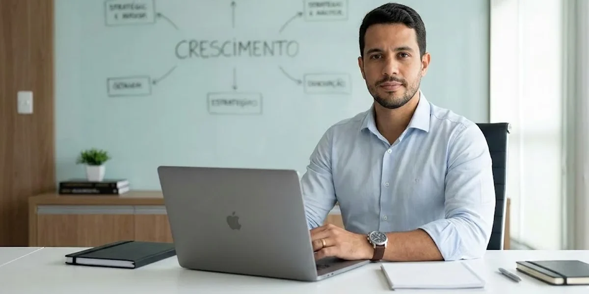 Empreendedor brasileiro organizado em seu escritório, analisando um quadro de processos e metas para crescimento do negócio.