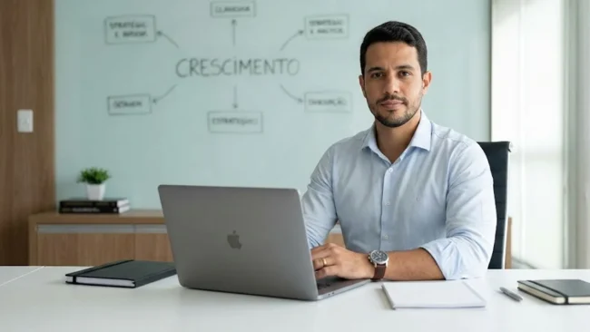 Empreendedor brasileiro organizado em seu escritório, analisando um quadro de processos e metas para crescimento do negócio.