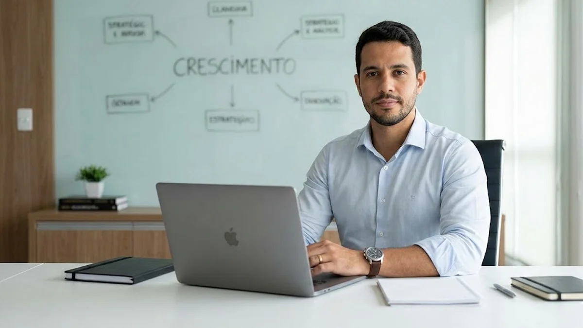 Empreendedor brasileiro organizado em seu escritório, analisando um quadro de processos e metas para crescimento do negócio.