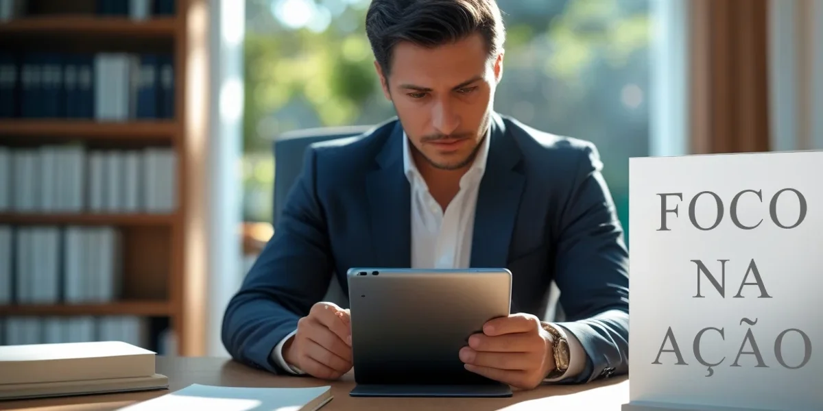 Uma pessoa de negócios em frente a um quadro branco com planos estratégicos, demonstrando reflexão e foco.