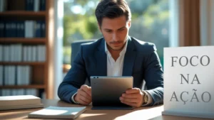 Uma pessoa de negócios em frente a um quadro branco com planos estratégicos, demonstrando reflexão e foco.