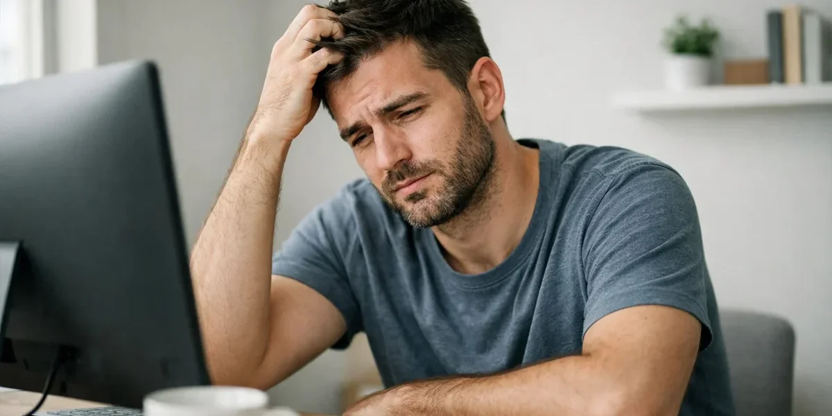 Homem de negócios sentado à frente de um computador com expressão de cansaço, segurando a cabeça enquanto analisa gráficos.