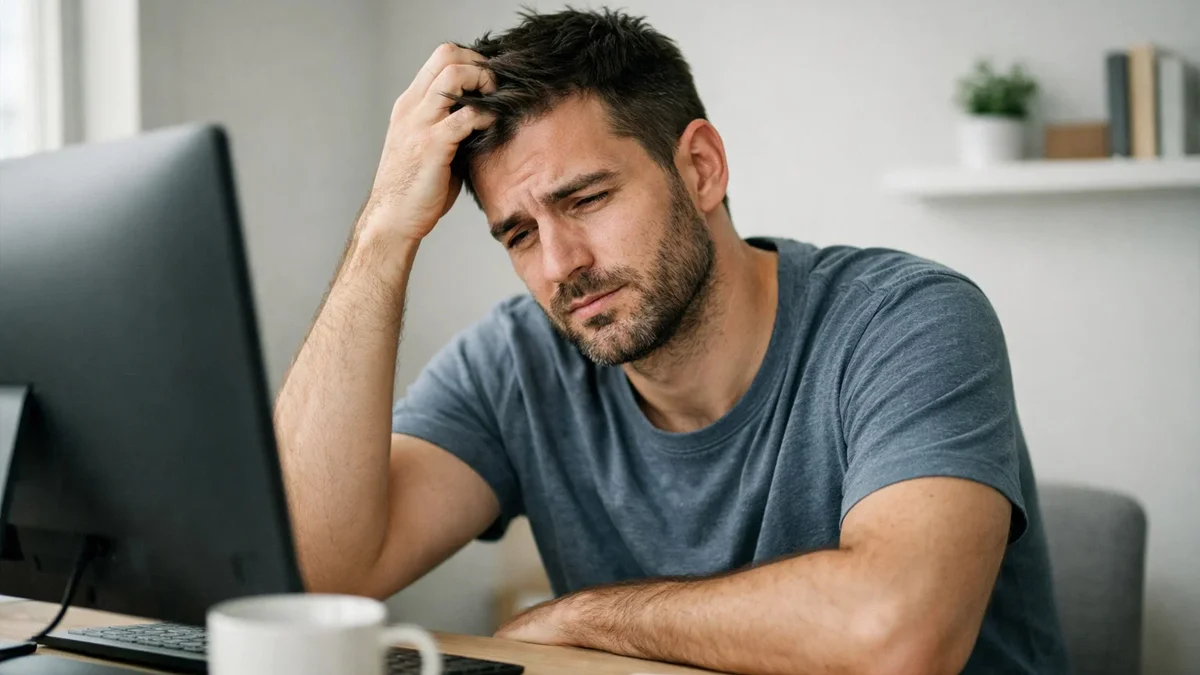 Homem de negócios sentado à frente de um computador com expressão de cansaço, segurando a cabeça enquanto analisa gráficos.