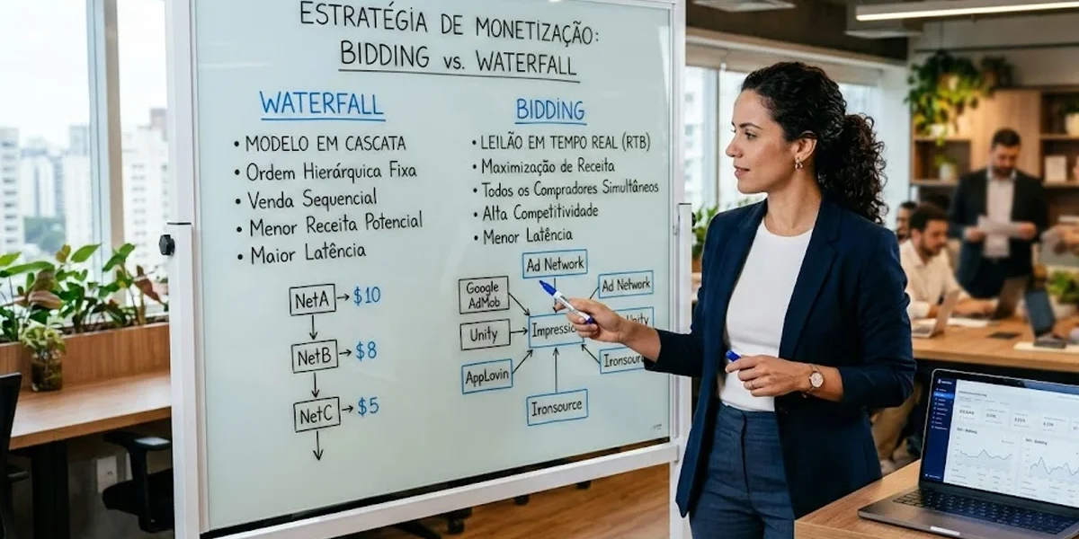Profissional de marketing analisando estratégia de monetização em um quadro comparando os modelos Bidding e Waterfall.