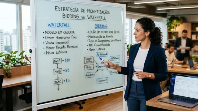 Profissional de marketing analisando estratégia de monetização em um quadro comparando os modelos Bidding e Waterfall.