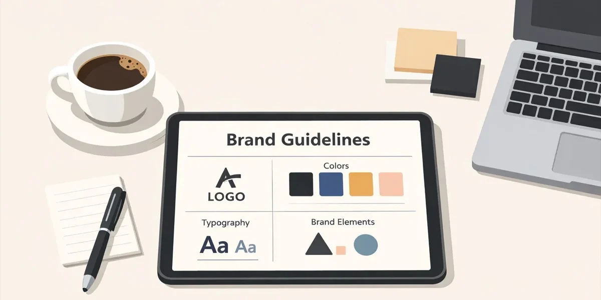 Mesa de trabalho organizada com tablet exibindo guias de marca, café e notebook, representando o planejamento de branding.