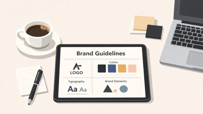 Mesa de trabalho organizada com tablet exibindo guias de marca, café e notebook, representando o planejamento de branding.