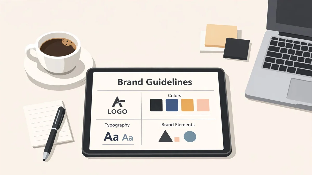 Mesa de trabalho organizada com tablet exibindo guias de marca, café e notebook, representando o planejamento de branding.