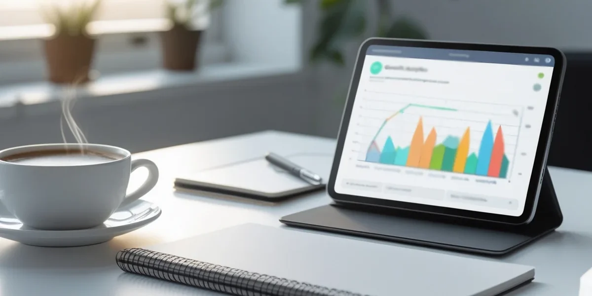 Smartphone exibindo gráficos de crescimento no TikTok sobre uma mesa de escritório moderna com café e agenda.