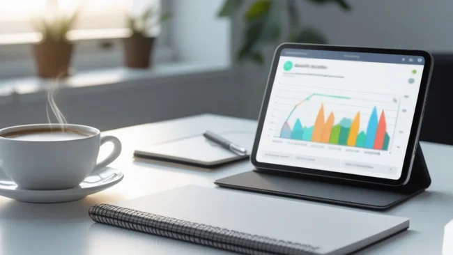 Smartphone exibindo gráficos de crescimento no TikTok sobre uma mesa de escritório moderna com café e agenda.