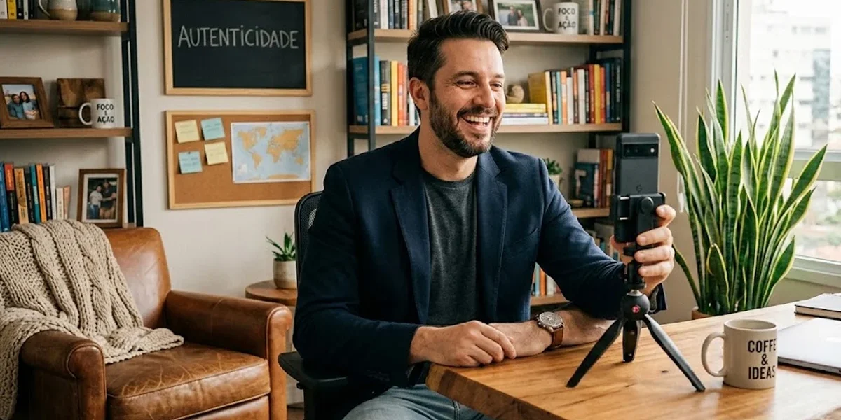 estrategia-marketing-conteudo-autentico-negocios Empresário sorridente gravando um vídeo casual com celular em um escritório moderno e acolhedor, representando autenticidade.