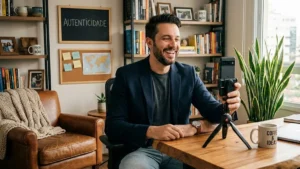 Empresário sorridente gravando um vídeo casual com celular em um escritório moderno e acolhedor, representando autenticidade.