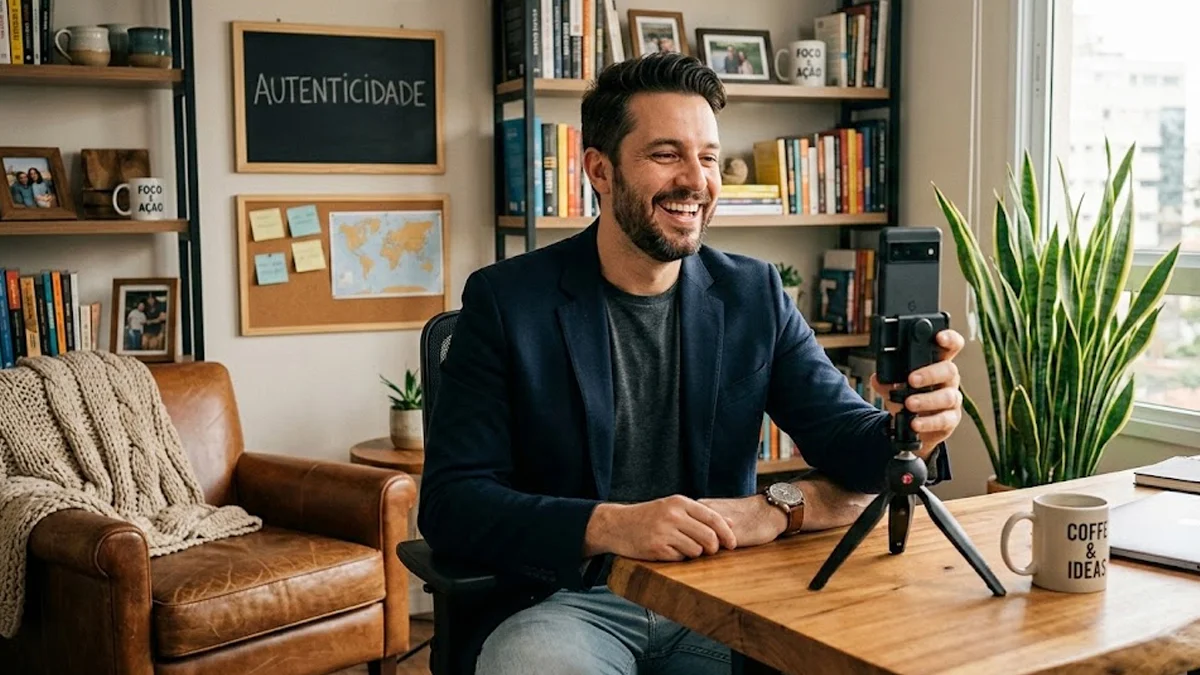estrategia-marketing-conteudo-autentico-negocios Empresário sorridente gravando um vídeo casual com celular em um escritório moderno e acolhedor, representando autenticidade.