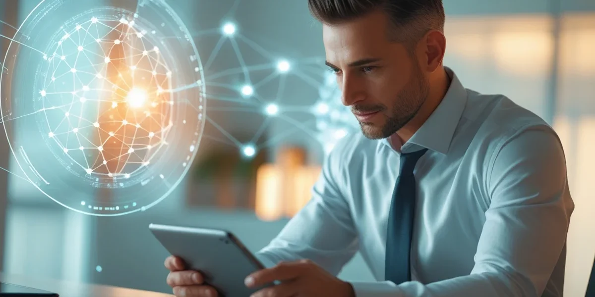 Empresário analisando gráficos de desempenho em um tablet com representações digitais de conexões neurais e dados.