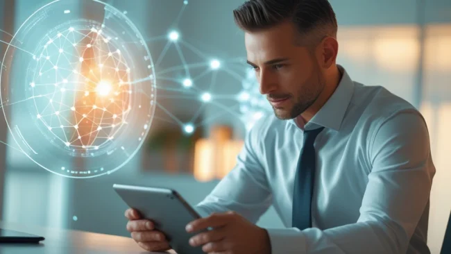 Empresário analisando gráficos de desempenho em um tablet com representações digitais de conexões neurais e dados.