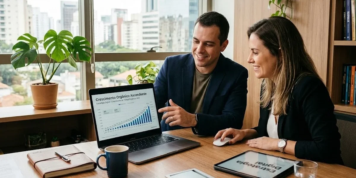 Consultor de marketing digital apresentando gráficos de crescimento em um notebook para um empresário em um escritório moderno.