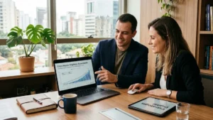 Consultor de marketing digital apresentando gráficos de crescimento em um notebook para um empresário em um escritório moderno.