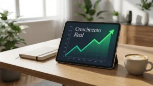 Empresário analisando gráficos de crescimento em um tablet, com ambiente de escritório moderno e profissional ao fundo.
