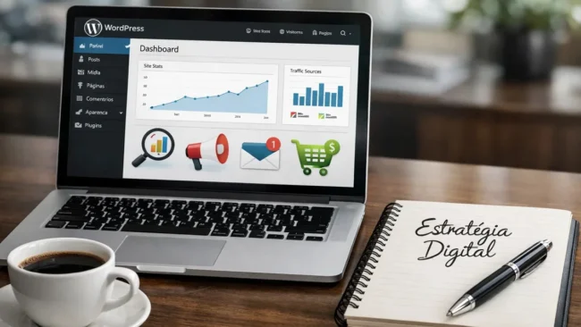 Empresário analisando métricas de marketing em um painel do WordPress em um laptop moderno sobre uma mesa de escritório.