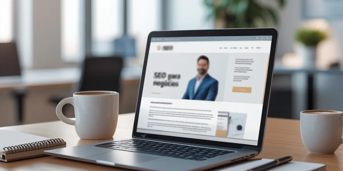 estrategia-seo-silencioso-marketing-digital Notebook aberto em um blog profissional mostrando gráficos de crescimento orgânico e escrita estratégica.