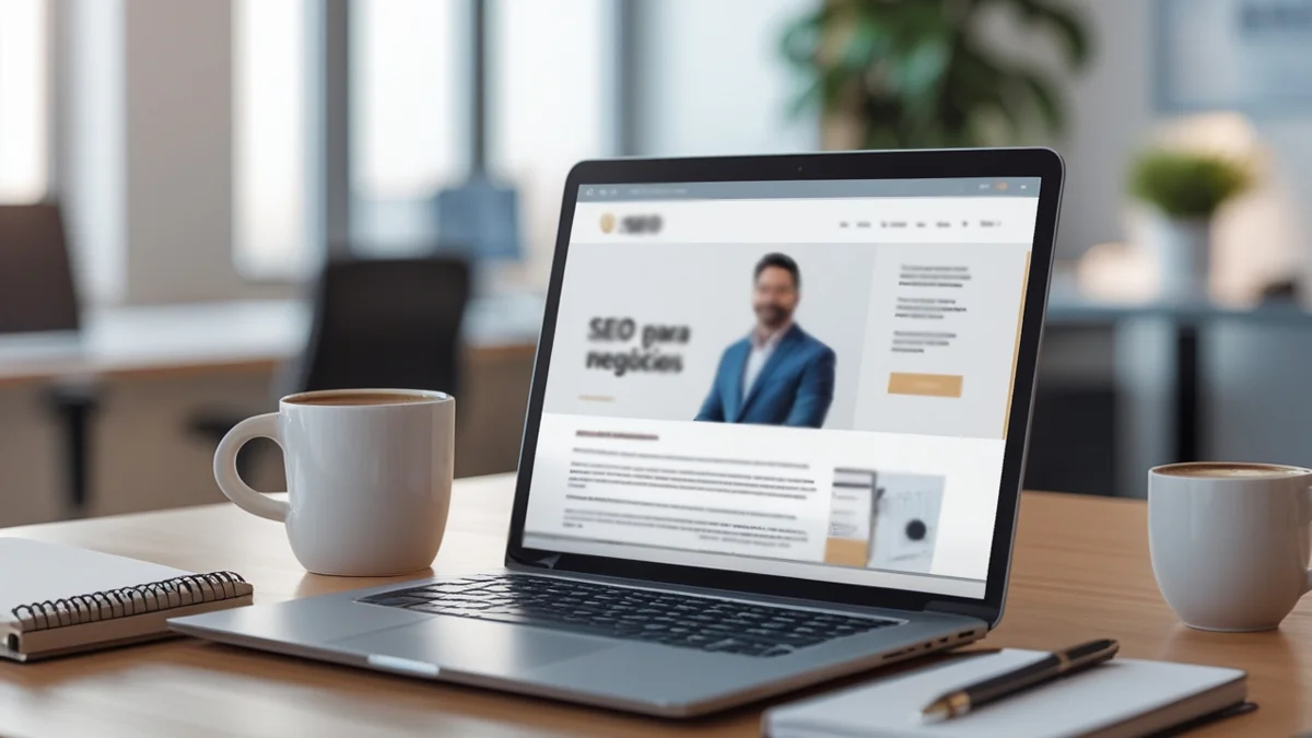 Notebook aberto em um blog profissional mostrando gráficos de crescimento orgânico e escrita estratégica.